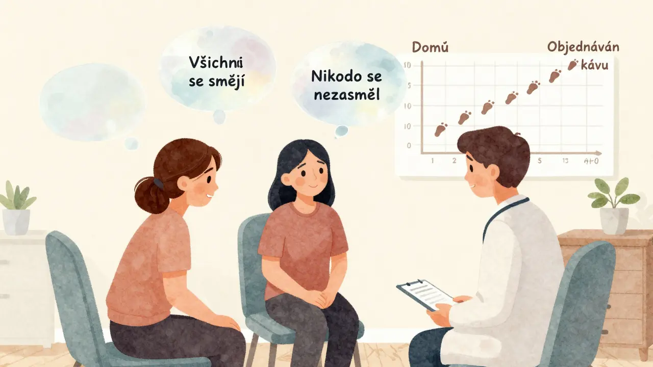 Terapeut a klient sedí v klidné místnosti, nad jejich hlavami se mění negativní myšlenky v pozitivní.