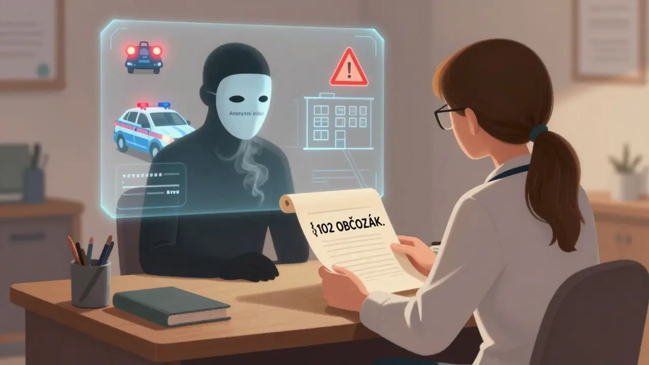 Terapeut drží list s právním ustanovením, zatímco jeho klient je stínem, který se rozplynul ve dymu.