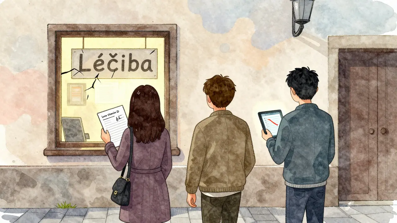 Tři lidé opouští terapeutickou kancelář s lékařskými výsledky, prázdným účtem a sledováním nálady, zatímco značka 'Léčba' praská.