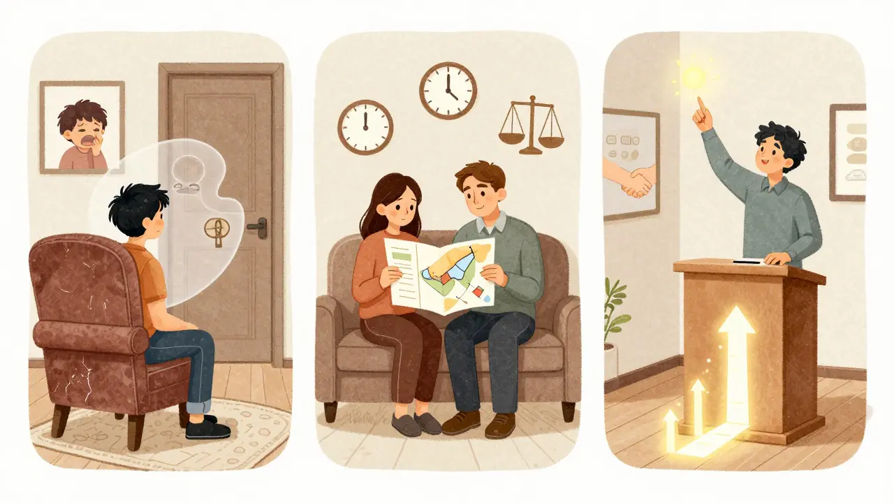 Tři postavy v různých prostředích: terapeut s paměťovými stíny, poradce s nástroji a kouč s cílovou cestou.