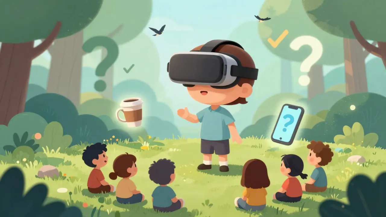 Virtuální brýle zobrazují bezpečnou sociální situaci, zatímco reálné předměty kolem svítí jako kroky k odvaze.