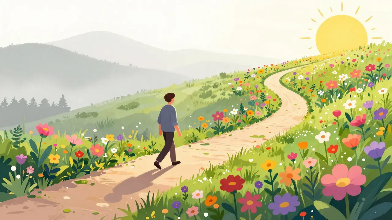 Cesta z mlhy do barevné zahrady symbolizující proces uzdravení v terapii.