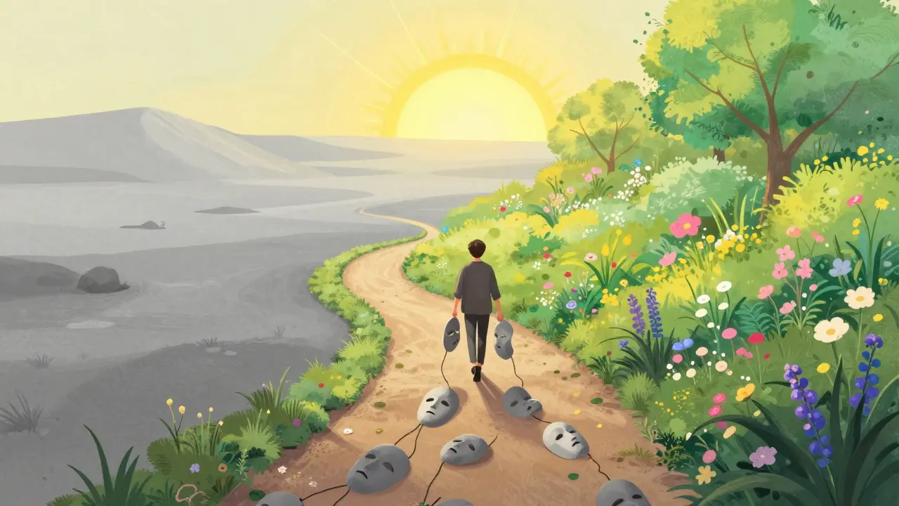 Cesta z šedého světa do barevné zahrady, kde osoba odhazuje své masky.