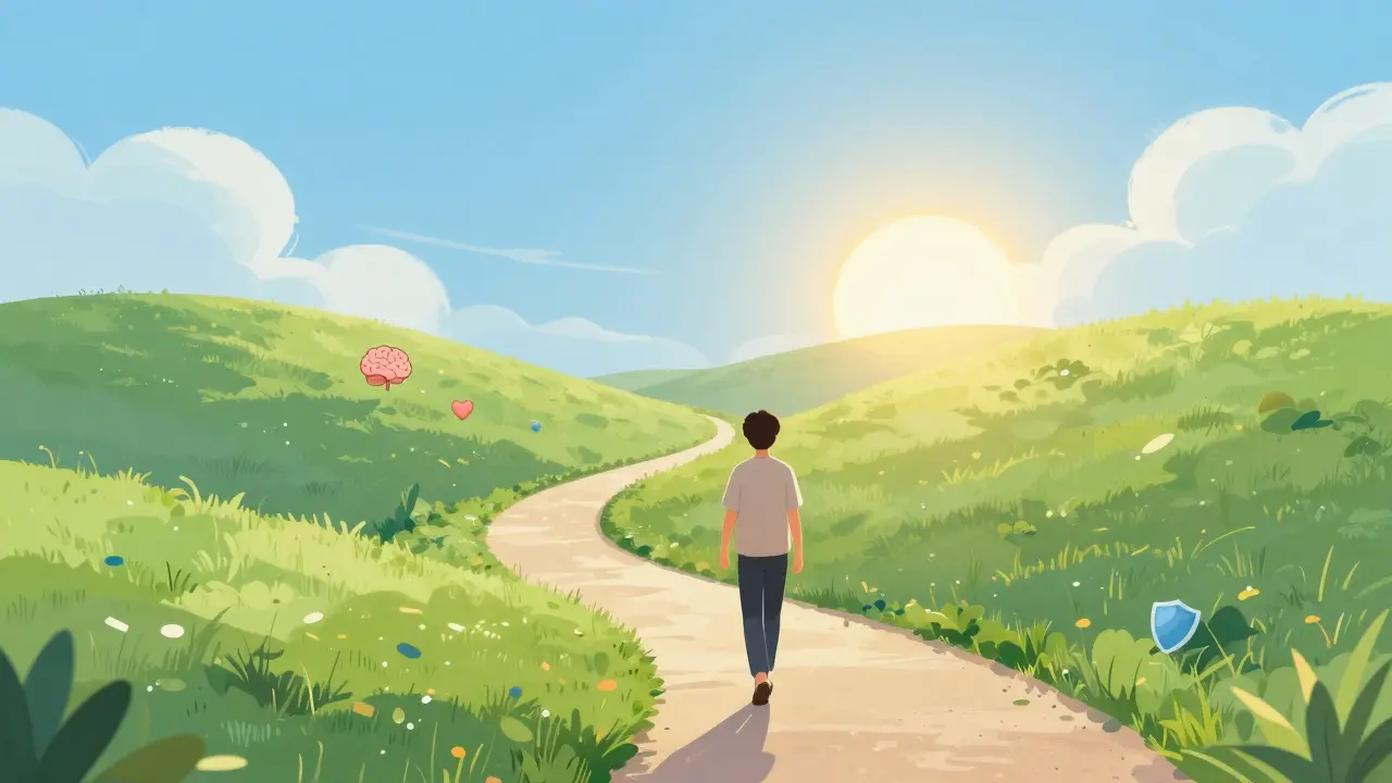 Člověk kráčející po cestě k lepší psychické pohodě a stabilitě.