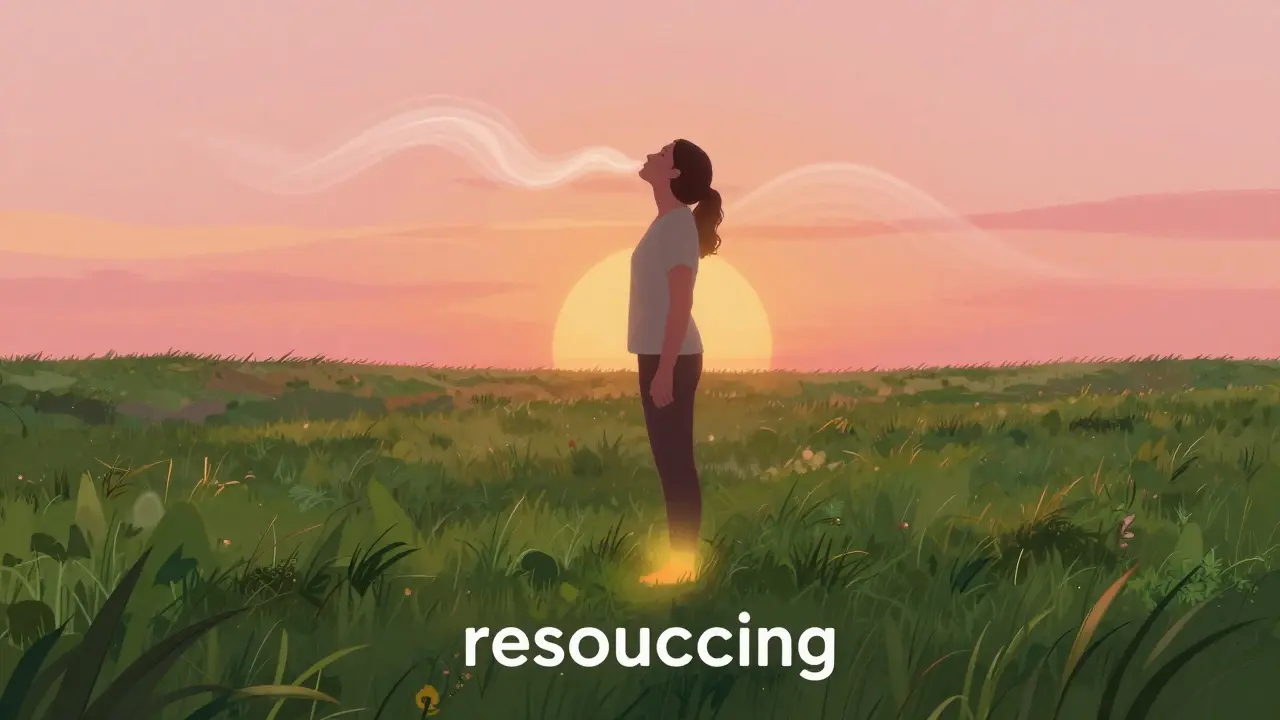 Člověk stojí v zelené trávě a pocítí klid a uzemnění při sunrise.