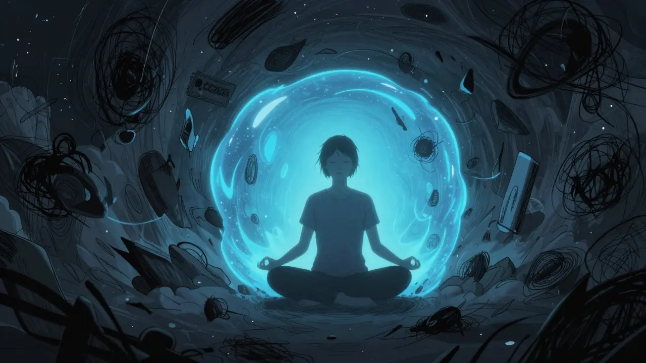 Člověk v meditaci chráněný modrým světlem před chaotickými vlivy cravingu.