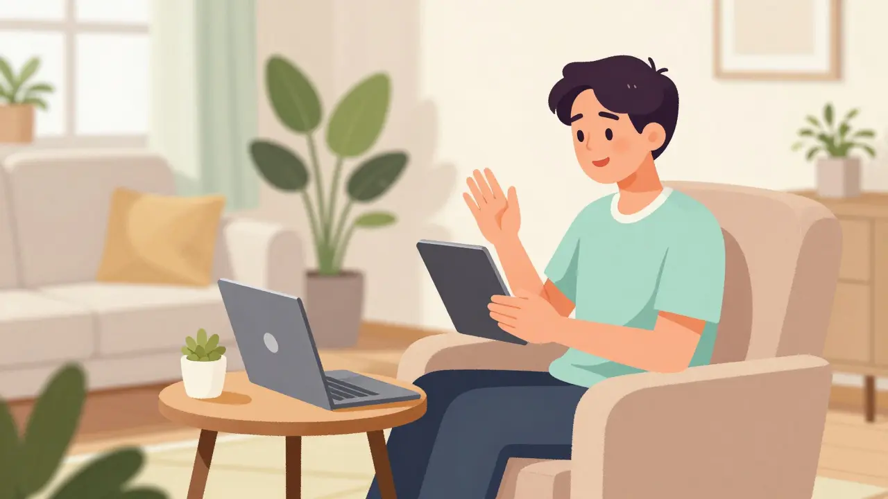 Člověk v pohodlném křesle v domovním prostředí během online terapie.