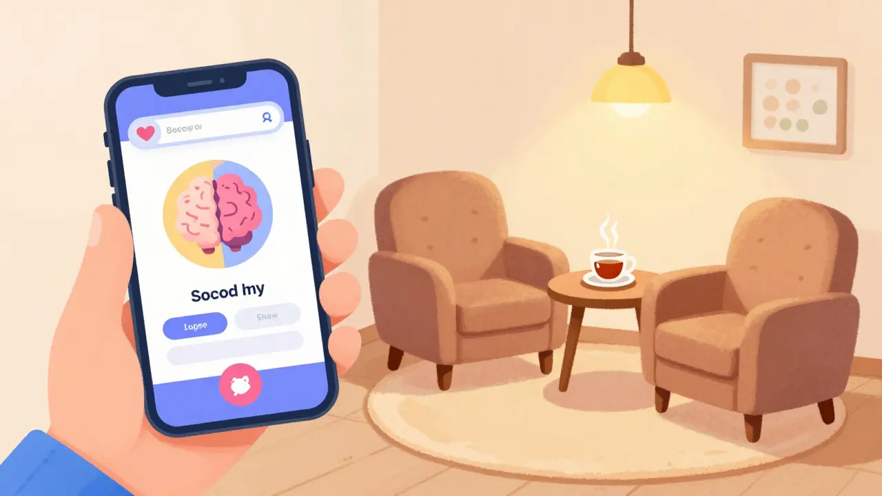 Digitální aplikace Benefit Plus vedle útulného terapeutického koutku.