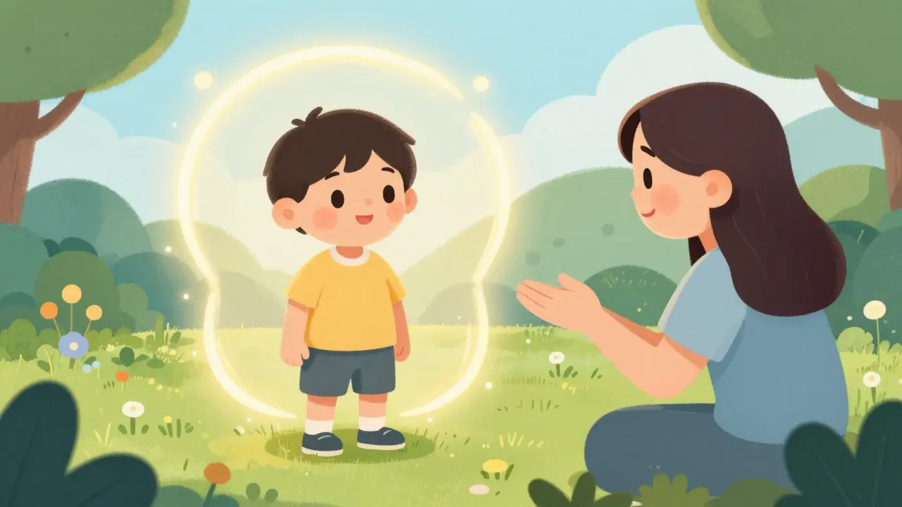 Dítě v ochranné aure reprezentující osobní hranice a respekt.