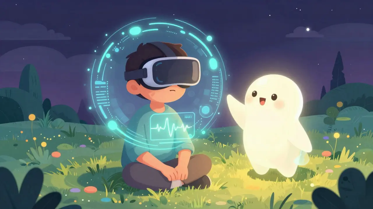 Futuristická VR terapie s AI, která přizpůsobuje prostředí podle stresu pacienta.