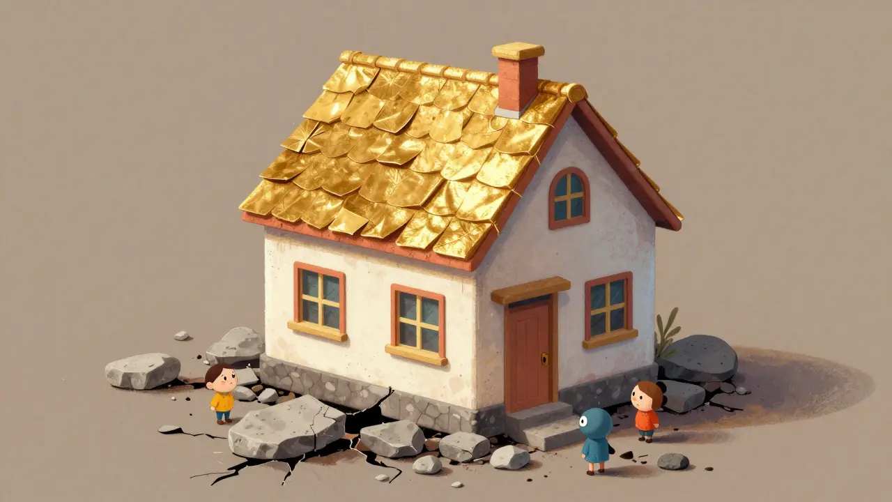 Ilustrace domu sstějí střechou a rozpadajícím se základem jako symbol nedostatečného financování.