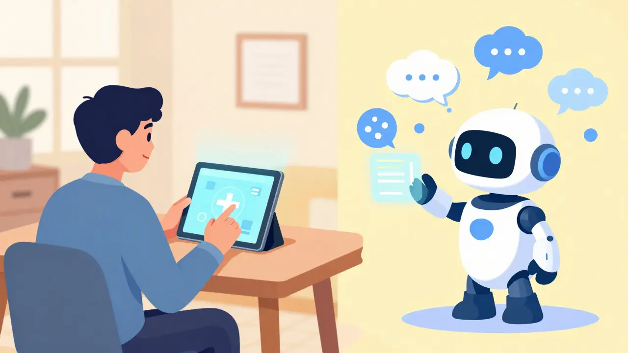 Ilustrace online terapie s podporou digitální technologie a AI v přívětivém stylu.