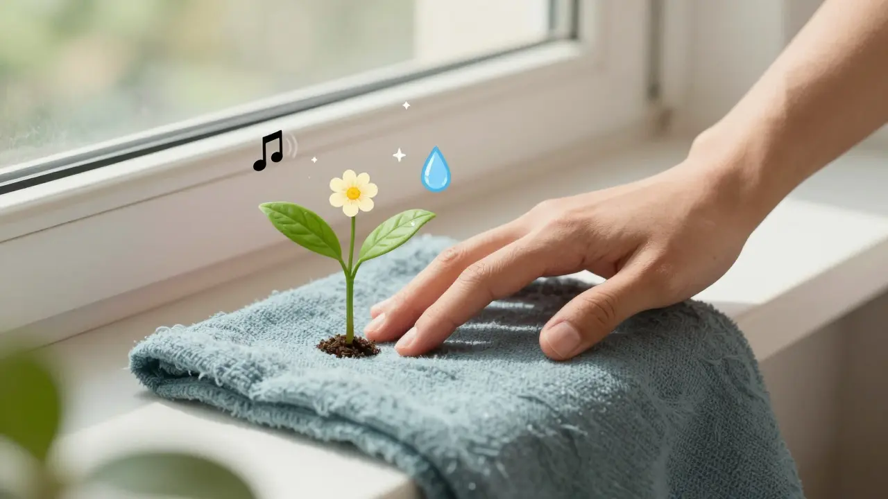 Ilustrace techniky uzemnění s detailem ruky a symboly smyslů pro návrat do přítomnosti.