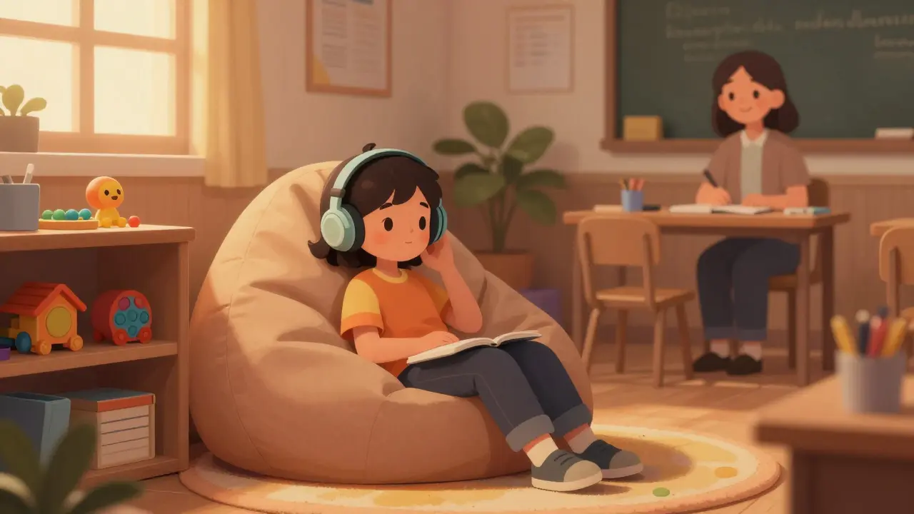 Klidný koutek ve škole s relaxačním vakem a dítětem v sluchátkách.