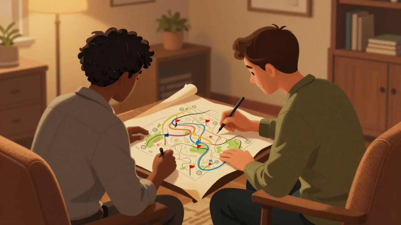 Klient a terapeut společně kreslí barevnou mapu cesty k uzdravení.