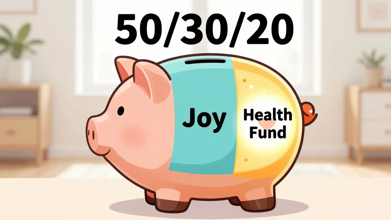 Koloritovaná prasnička znázornující rozdělení rozpočtu na potřeby, radosti a zdraví.