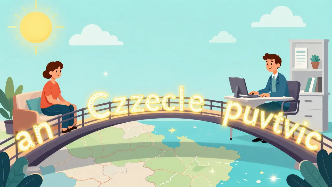 Koncepční ilustrace mostu z anglických slov spojující klienta a terapeuta.