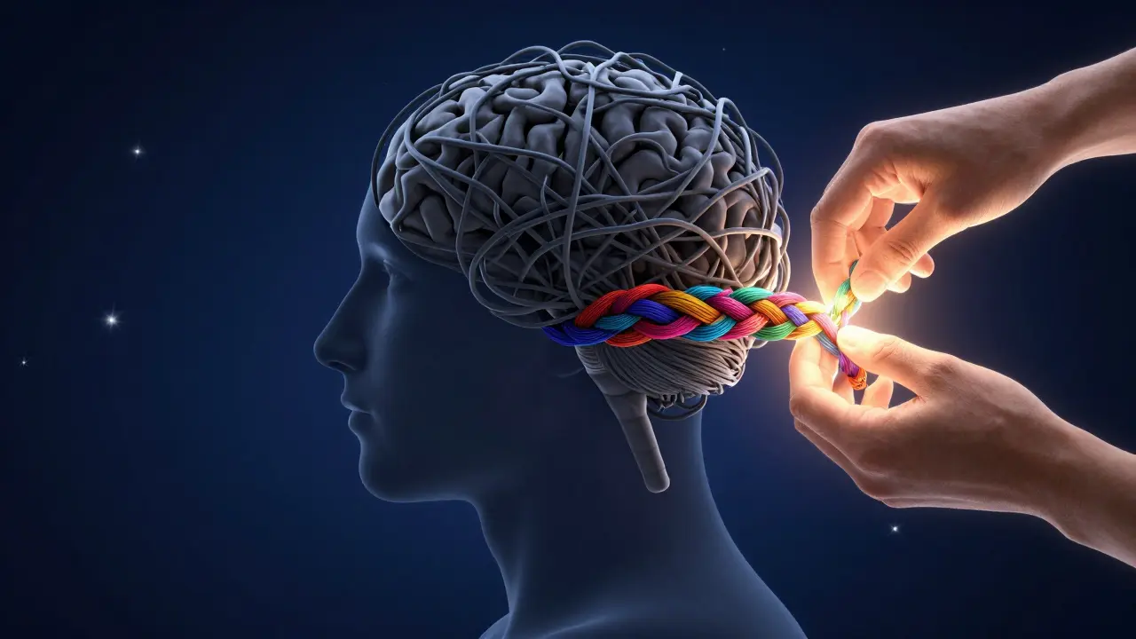 Konceptuální obraz mozku, kde seuzly traumatu mění v barevný provázek síly a odolnosti.