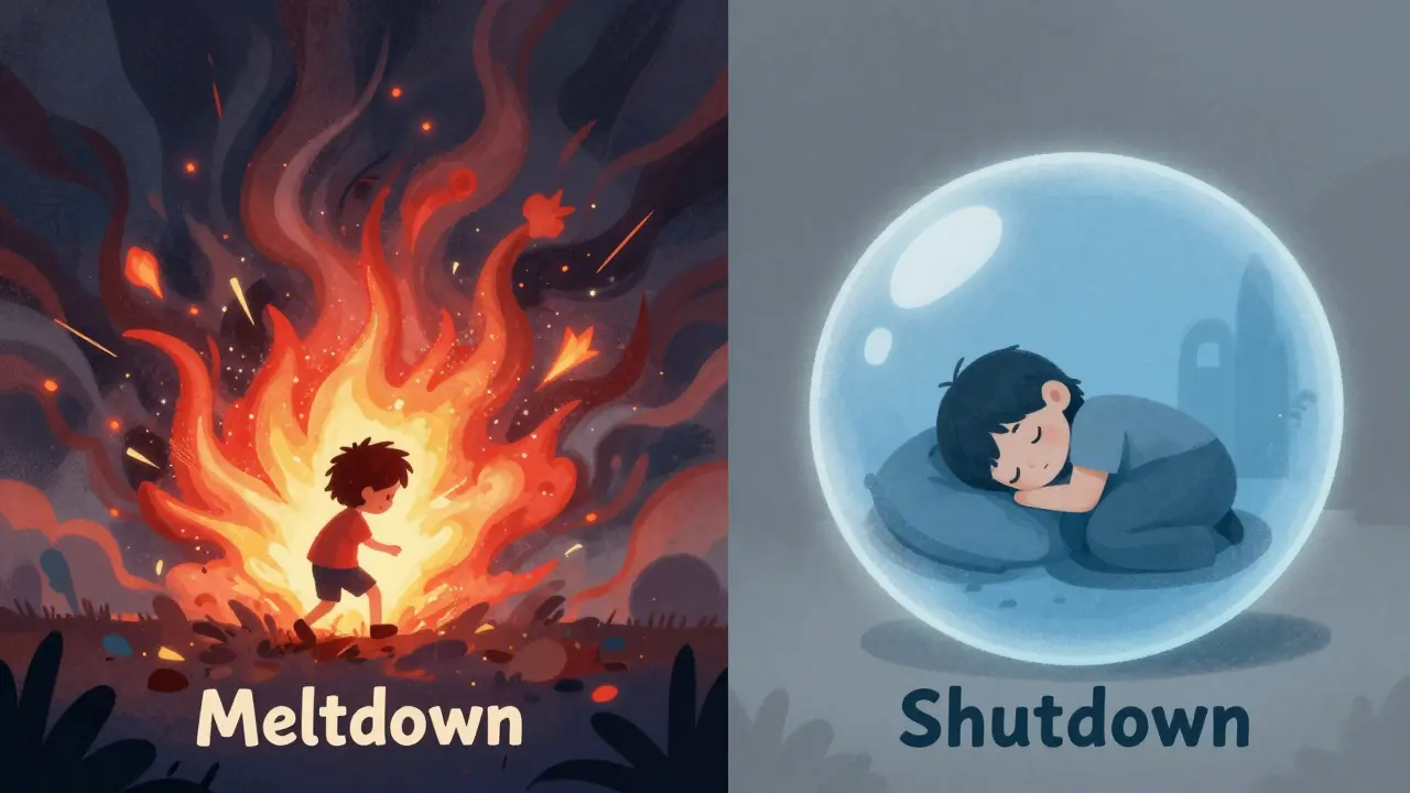 Konceptuální srovnání exploze meltdownu a vnitřního vypnutí shutdownu.