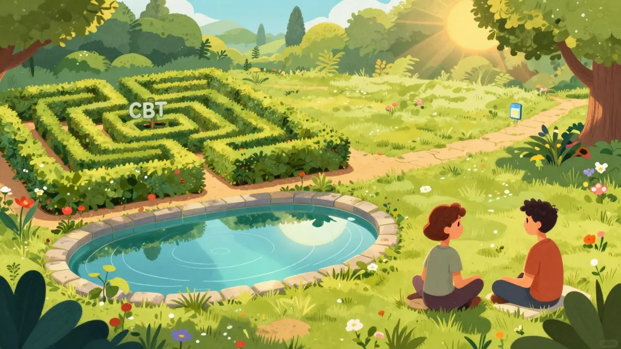 Kreativní znázornení různých terapeutických směrů jako části jedné zahrady.