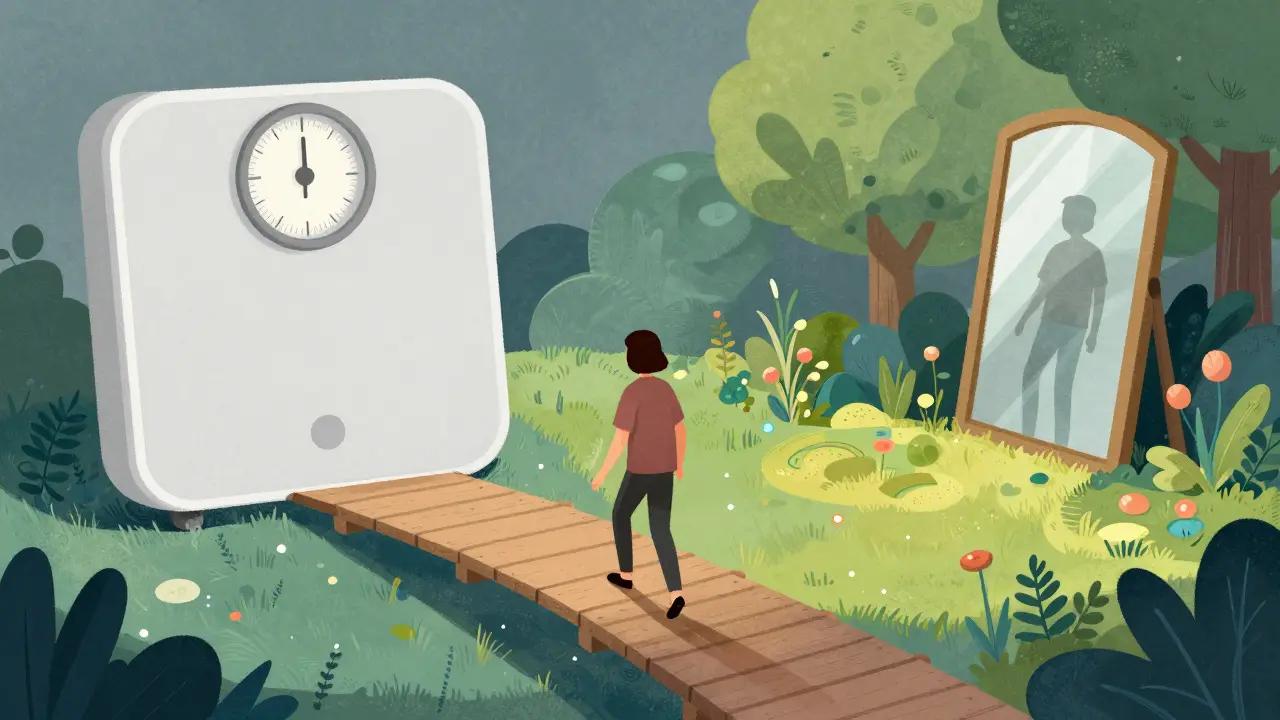 Kresba člověka překonávajícího symboly posedlosti váhou a zrcadlem směrem k volnosti.