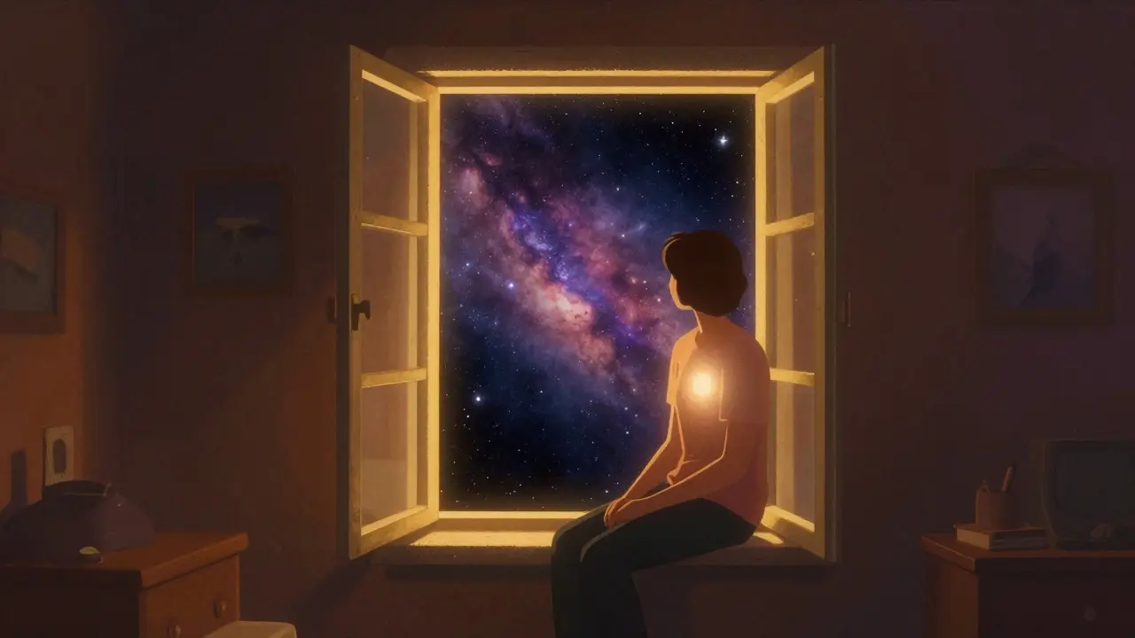 Kresba osoby, jejíž vnitřní prázdnota se mění v zářivý portál k sebepoznání.