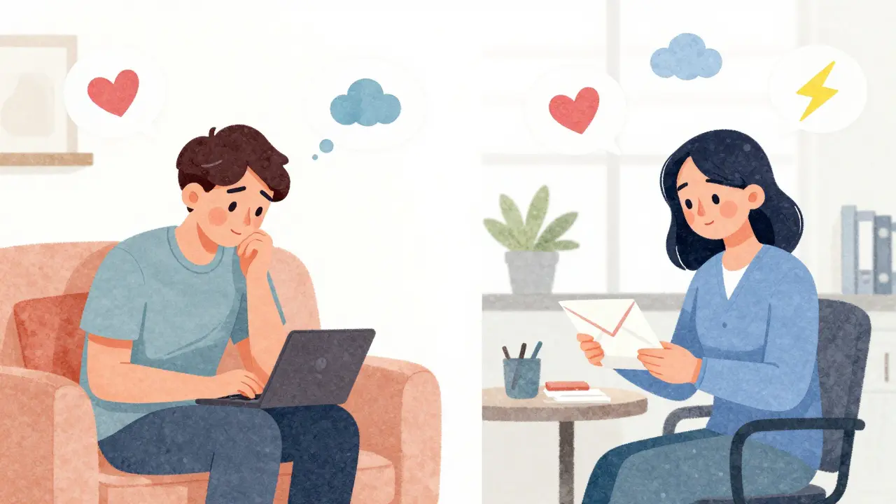 Kresba osoby píšící e-mail terapeutovi s vizuálními symboly emocí mezi nimi.