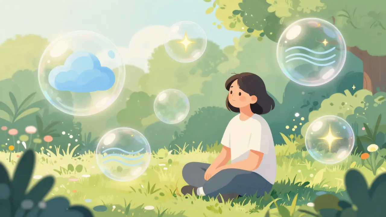 Kresba osoby v zahradě s vizualizací bezpečného prostoru v podobě jemných bublin.