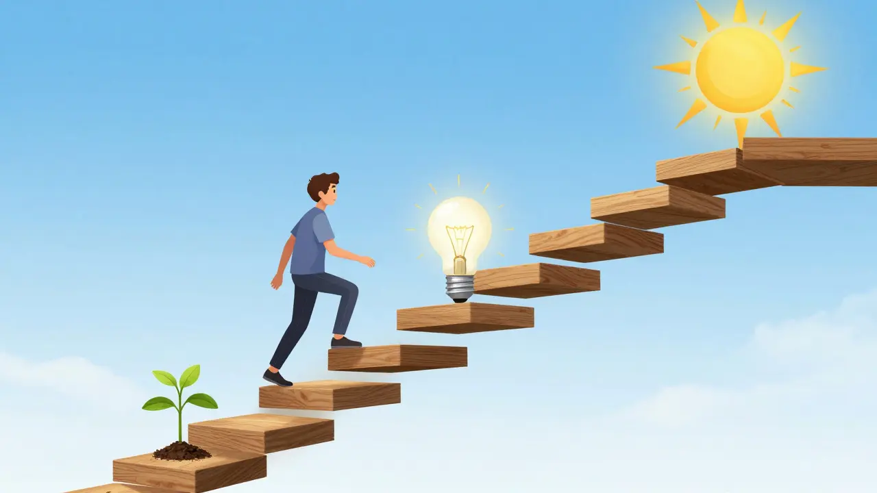 Kresba schodiště s malými kroky vedoucí k jasnému a slunečnému cíli.