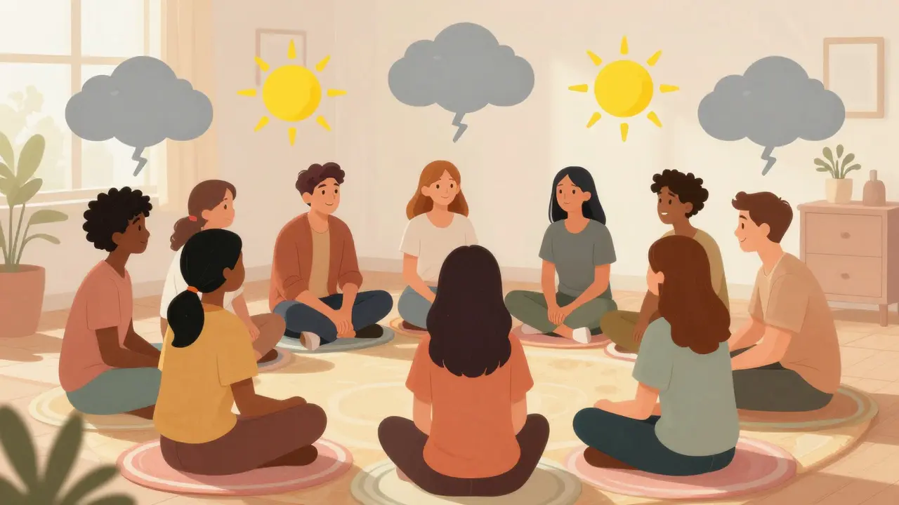 Kresba skupiny lidí v kruhu, kteří si vzájemně pomáhají a sdílejí své zkušenosti.