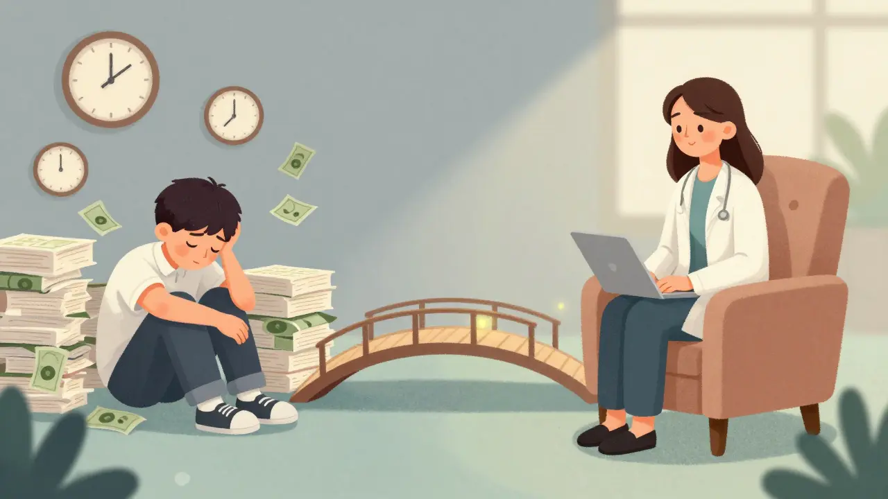 Kresba znázornující cestu od finančního stresu studenta k roli sebevědomého terapeuta v útulném křesle.