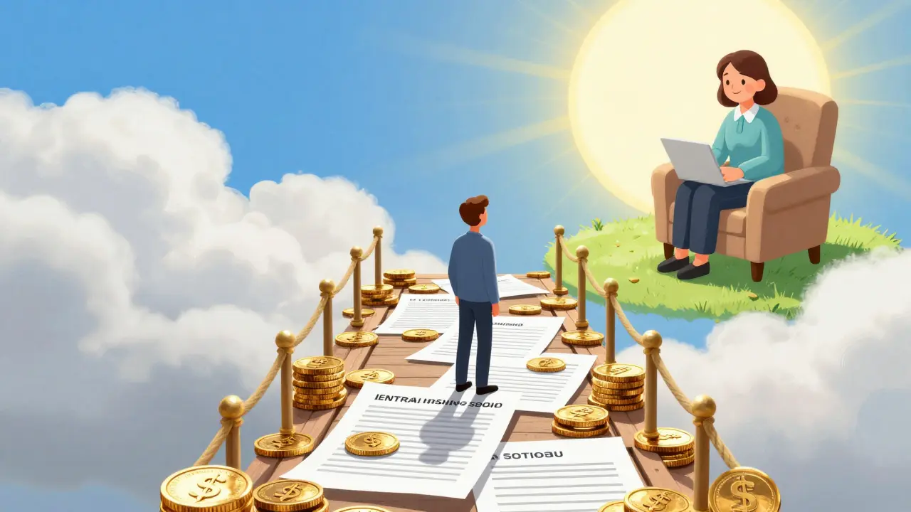 Metaforický most z peněz vedoucí k terapeutovi v slunné krajině.