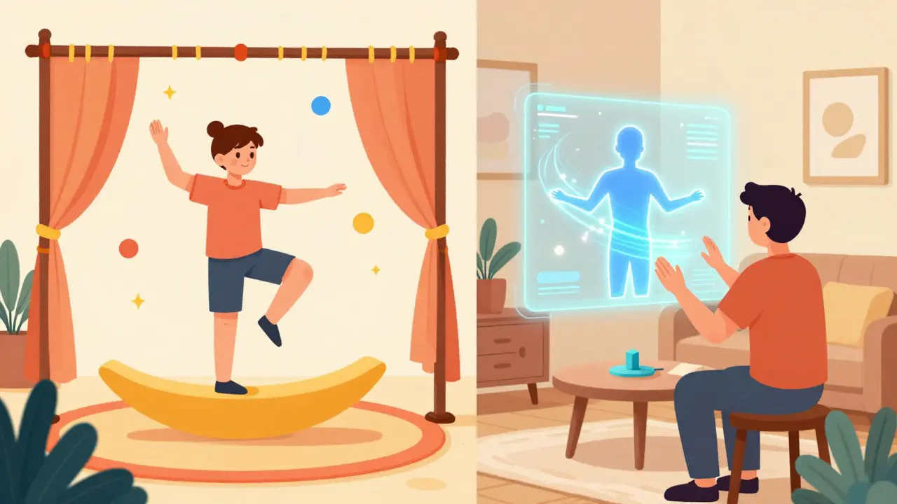 Moderní přístupy k terapii pohybu zahrnující prvky cirkusu a digitální konzultaci v ilustraci.