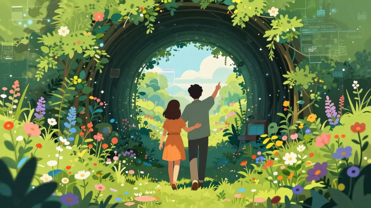 Obrázek osoby vycházející z temného tunelu do slunného sadu s podporou vrstevníka.