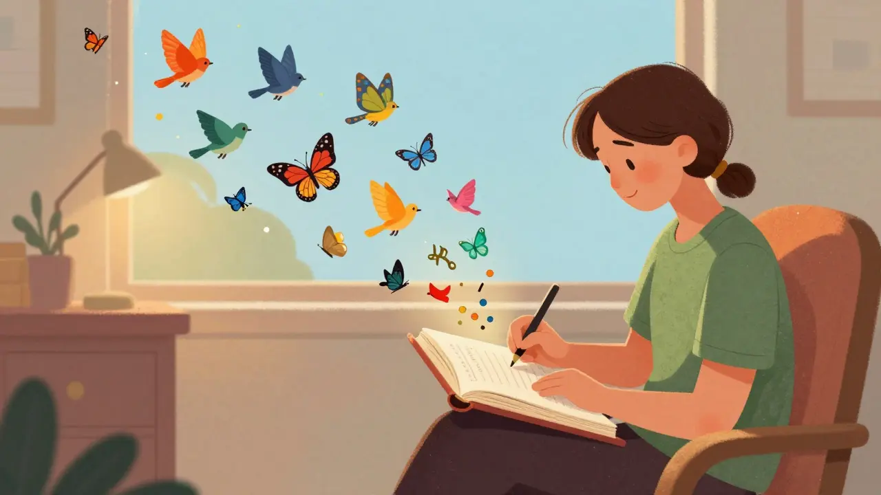 Osoba píše do deníku, ze kterého vyletují barevné ptáci a motýli.
