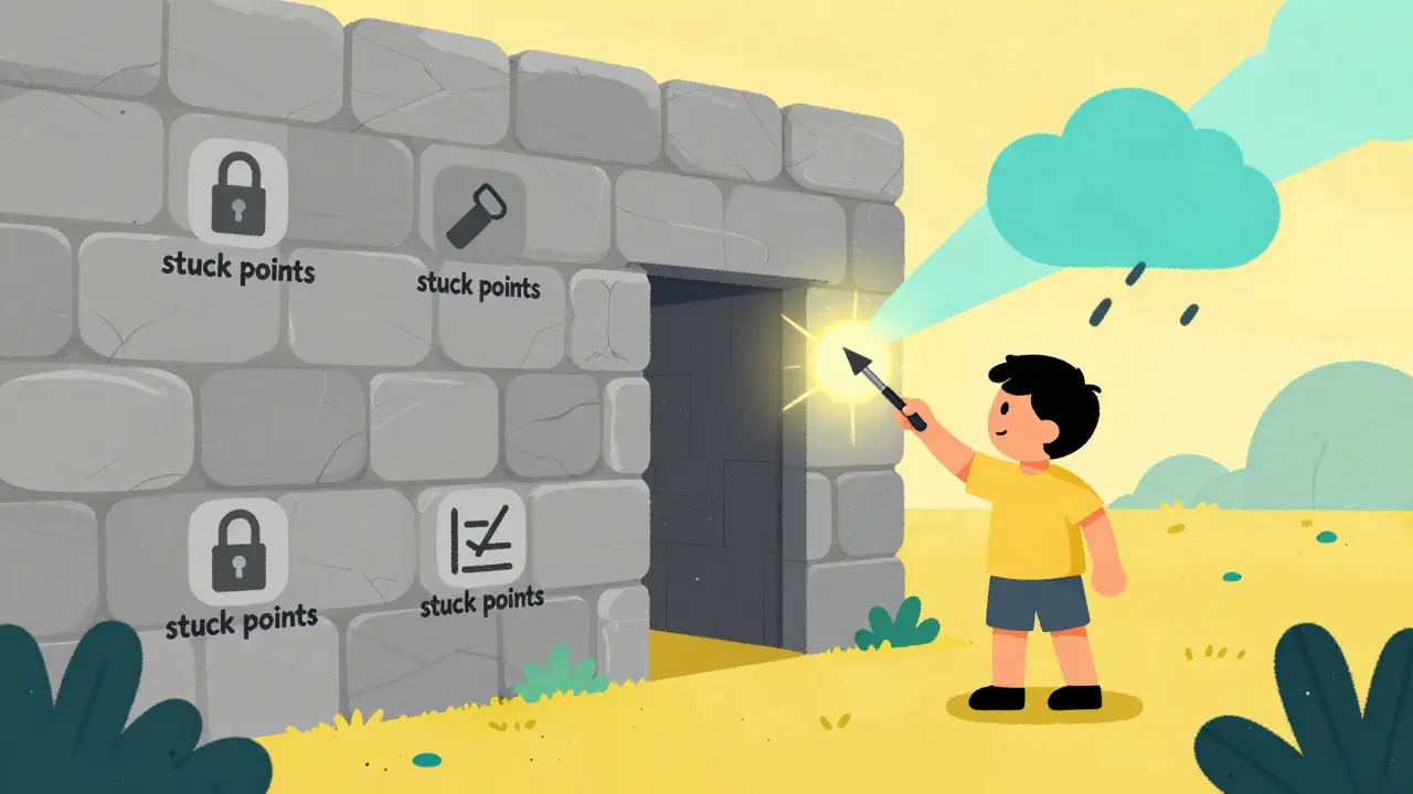 Postava kreslí dveře do šedé zdi symbolizující blokující body v mysli.