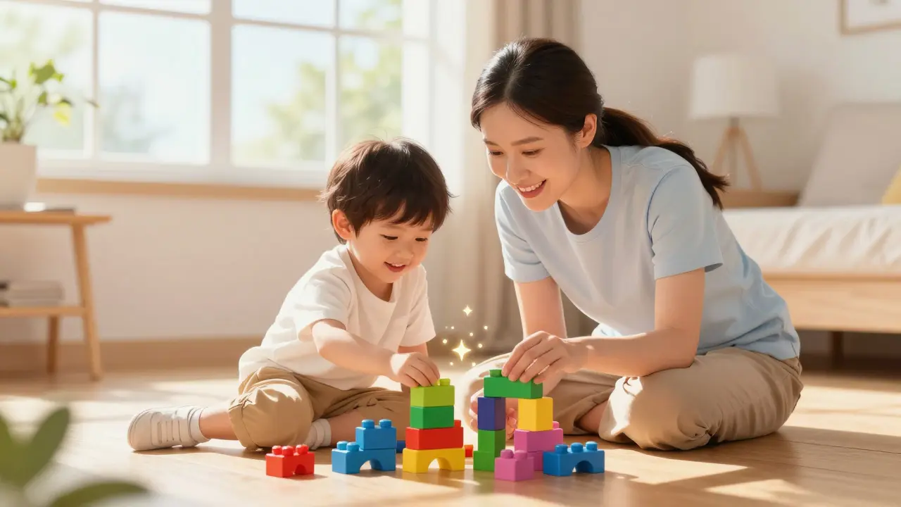 Rodič a dítě společně hrají s kostkami v teplé a přátelské atmosféře.