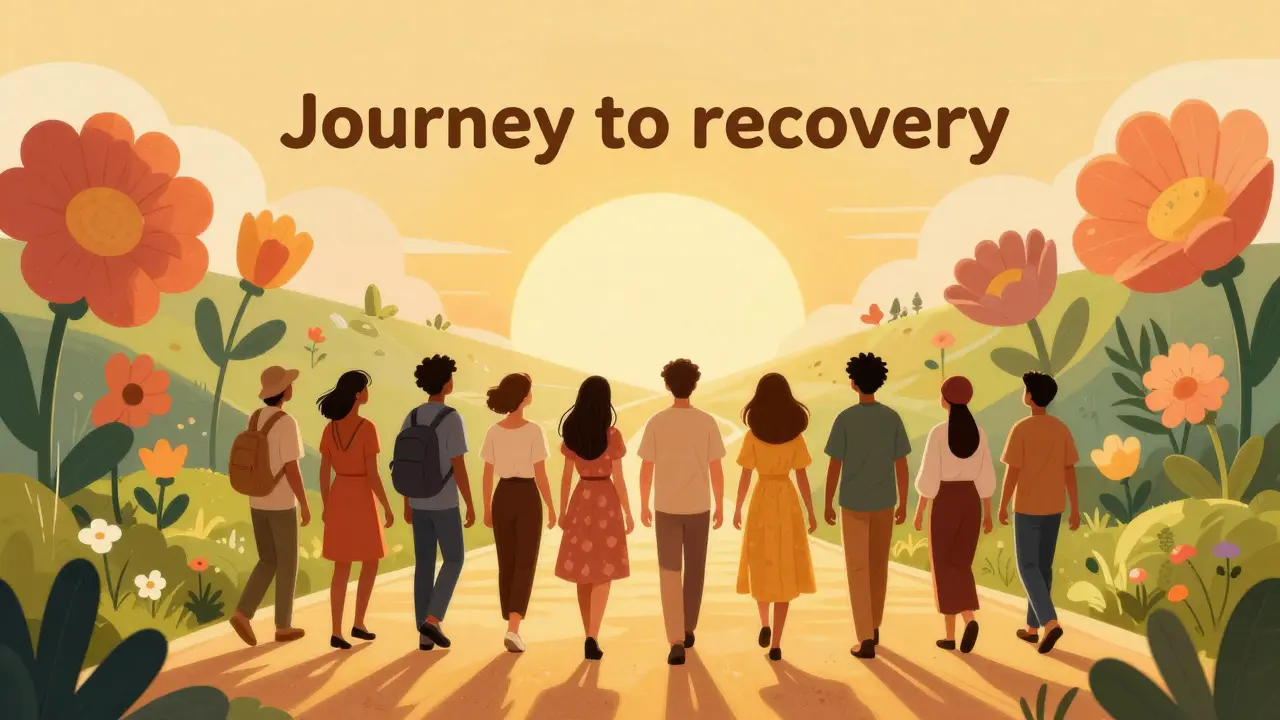 Skupina lidí kráčející po zlaté cestě k lepšímu a kvalitnějšímu životu.