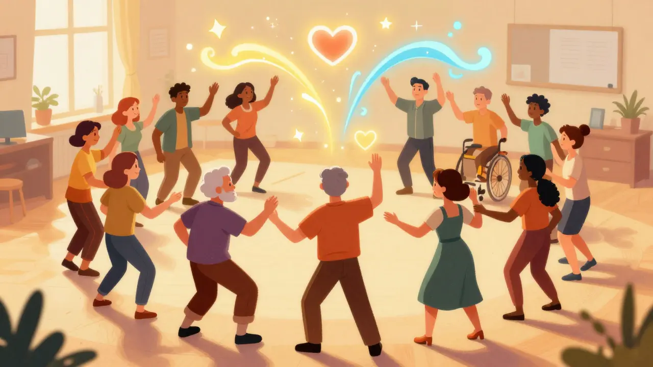 Skupina lidí různých generací při společné pohybové terapii s vizuálními symboly emocí.