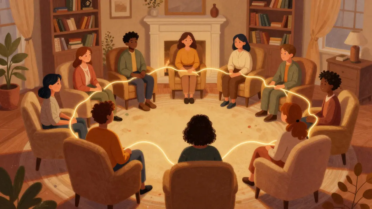 Skupina lidí v útulné místnosti spojená zlatými nitěmi symbolem vzájemné podpory.