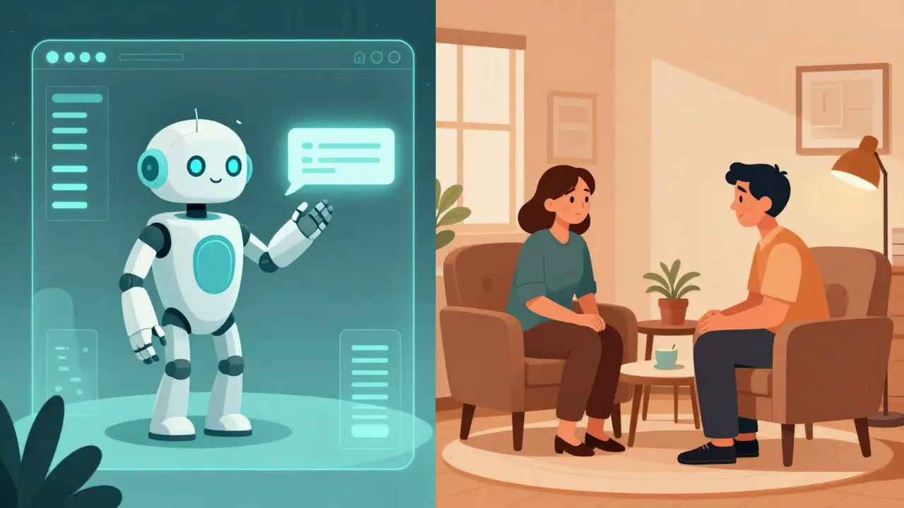 Srovnání digitálního rozhraní AI a útulné kanceláře lidského terapeuta.