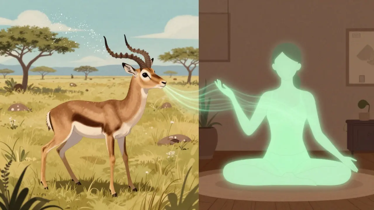 Srovnání třesení gazely v přírodě a procesu uvolňování napětí u člověka.