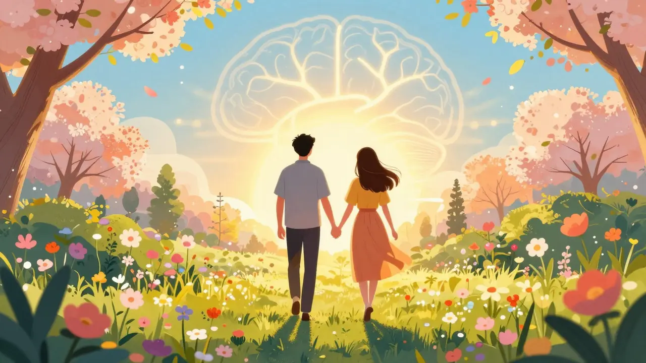 šťastný pár procházející společně zahradou, symbolizující vyzdravený vztah