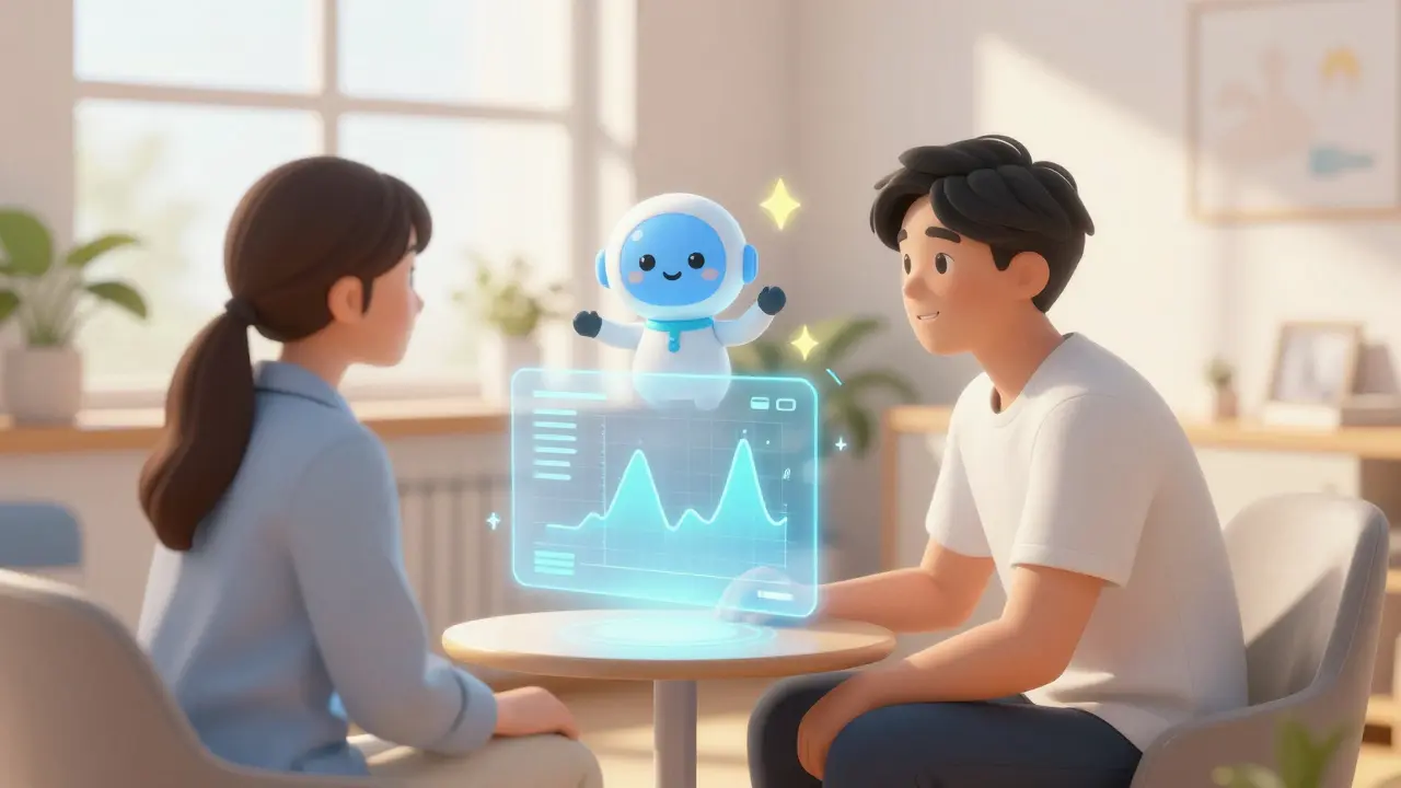 Terapeut a klient v místnosti s holografickými grafy nálady a AI pomocníkem.