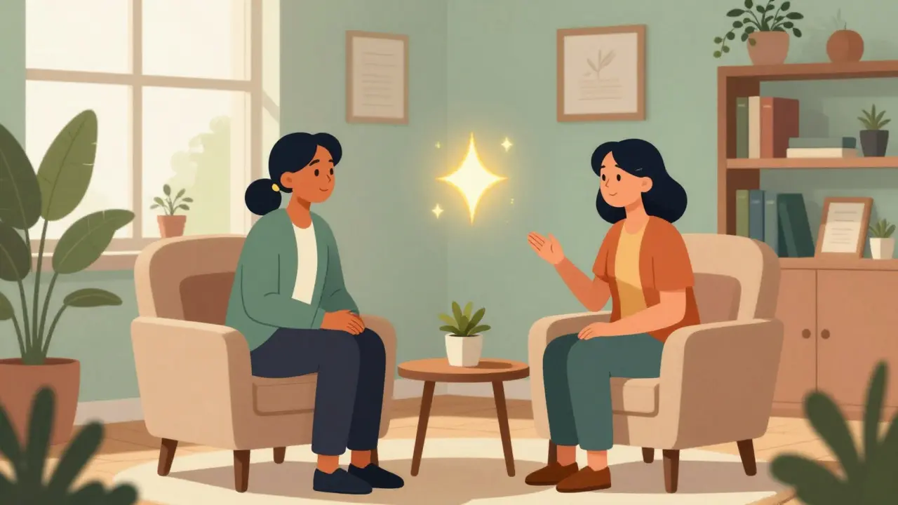 Terapeut a klient v útulné kanceláři s pocitem vzájemné důvěry.