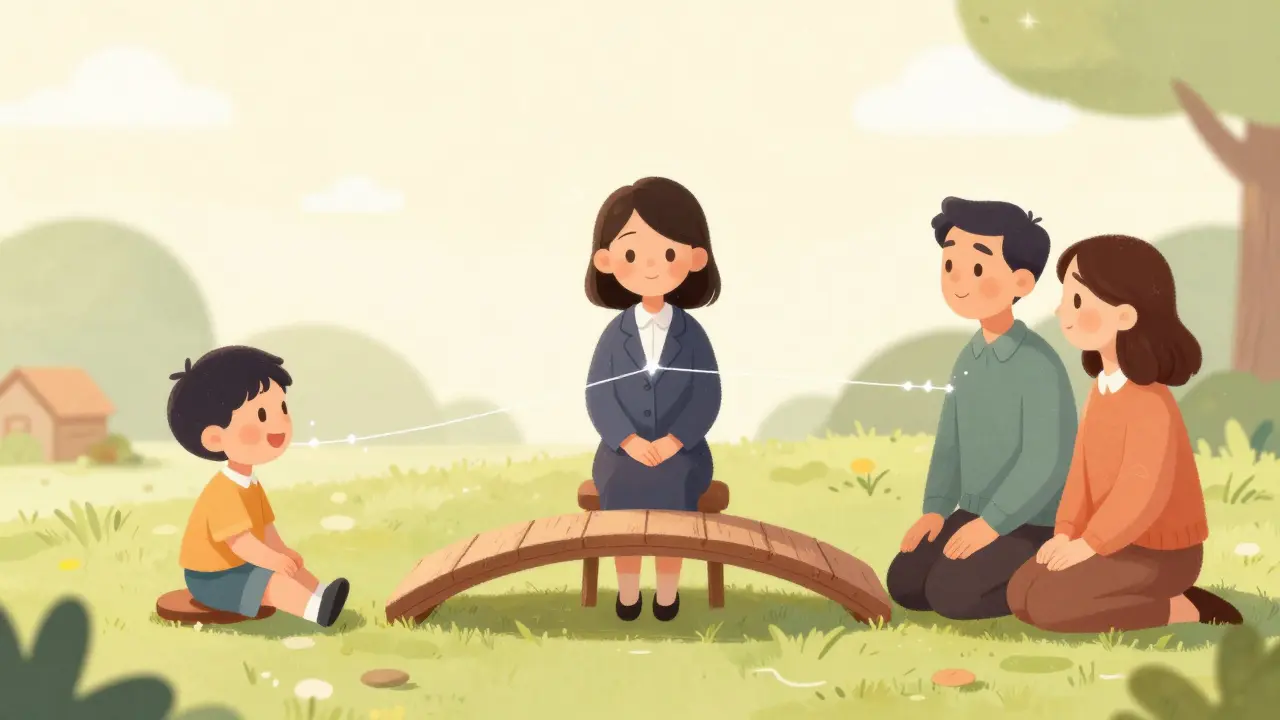 Terapeut jako most důvěry mezi dítětem a rodiči v bezpečném prostředí.