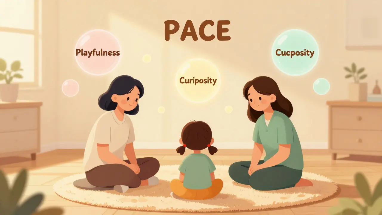 Terapeut, pečovatel a dítě v teplé, bezpečné místnosti v rámci DDP terapie.