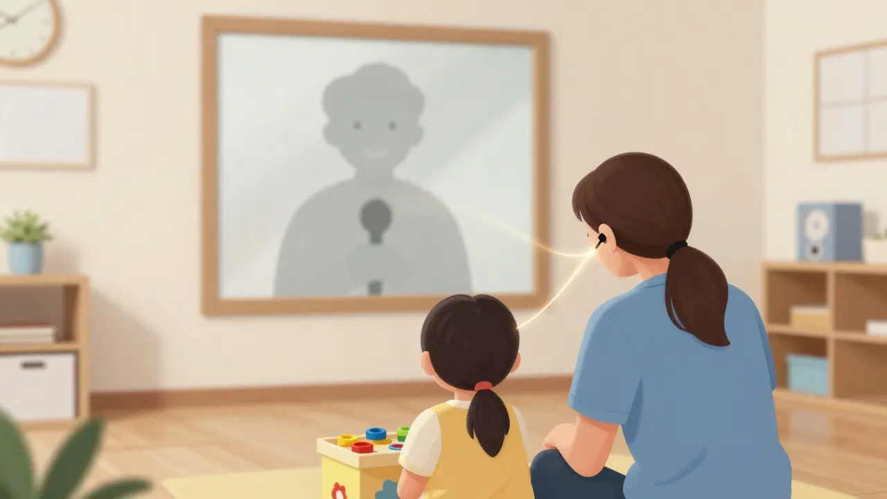 Terapeut v pozadí za zrcadlem poskytuje rodiči vedení přes sluchátko během hry s dítětem.