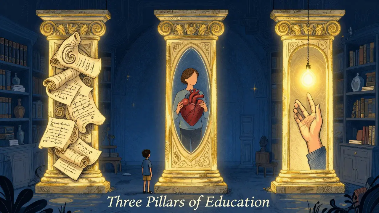 Tři symbolické sloupy představující teorii, sebezkušenost a supervizi v magické knihovně.