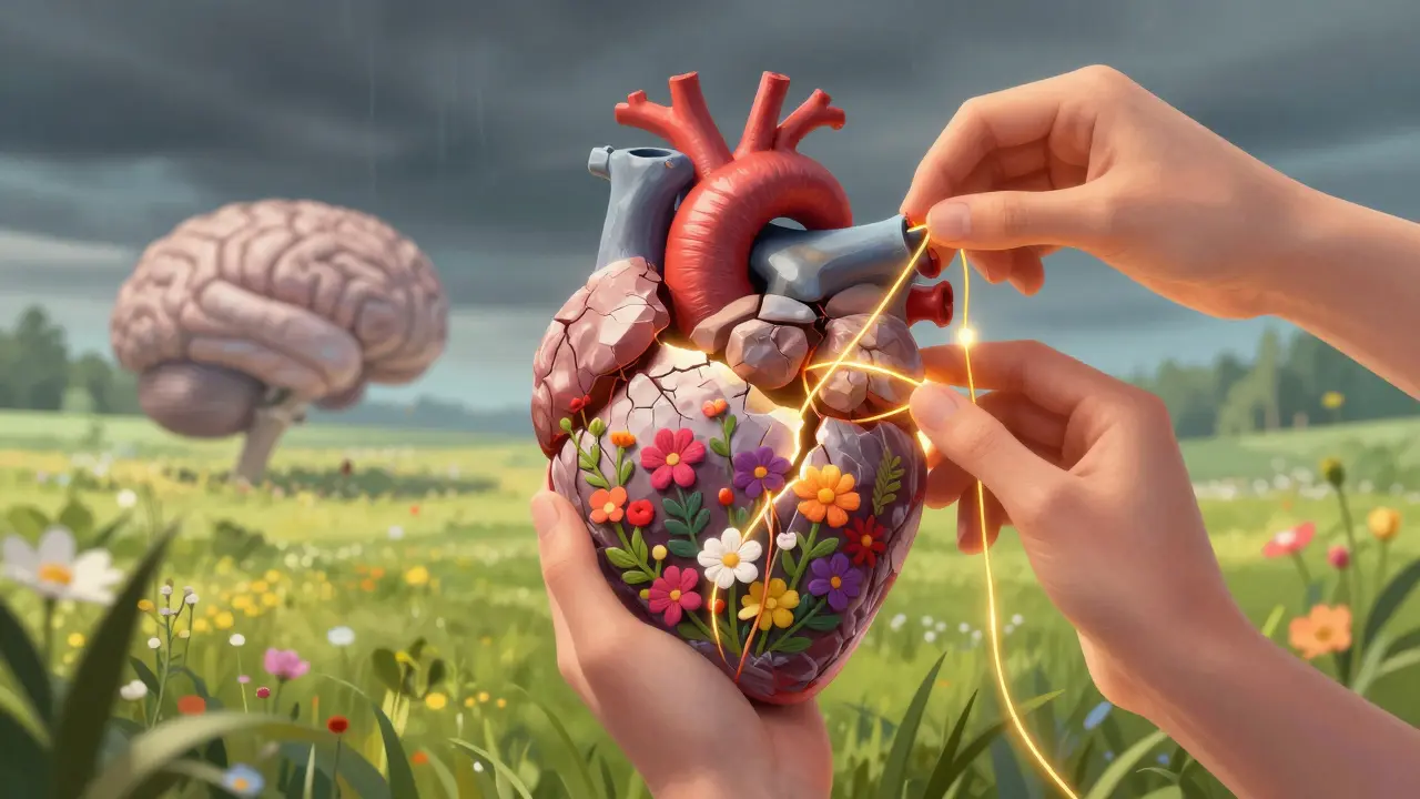 Zlaté nitě opravující srdce, které přechází v kvetoucí zahradu uzdravení.